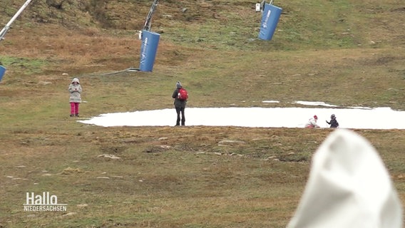 Einige Personen stehen vor einer kleiner beschneiten Fläche auf einer sonst mit Gras bedeckten Skipiste. © Screenshot 