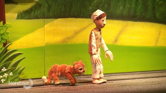 Zwei Marionetten - ein Kater und ein Junge - laufen über die Bühne. © Screenshot 