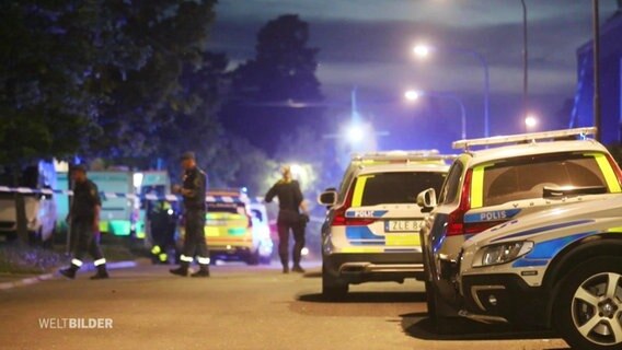 Polizeiautos, Lichter im Hintergrund und Menschen in Uniform auf einer Straße © Screenshot 