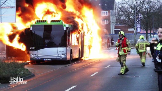 Ein brennender Bus steht in einer Parkbucht einer Straße, daneben: Einsatzkräfte der Feuerwehr sichern die Gefahrenstelle ab. © Screenshot 