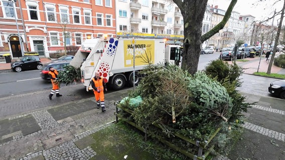 Zwei Mitarbeitende der Müllabfuhr sammeln Tannenbäume vom Straßenrand ein. © Screenshot 