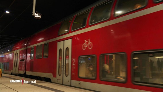 Eine zweistöckige Regionalbahn fährt auf ein Gleis am Hamburger Hauptbahnhof ein. © Screenshot 