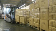 Ein Gabelstapler transportiert in einer Lagerhalle mit vielen Kartons einen Stapel weiterer Kartons. © Screenshot 