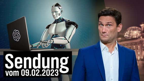 Ein Roboter am Rechner und Christian Ehring. Thema: Künstliche Intelligenz. © NDR 