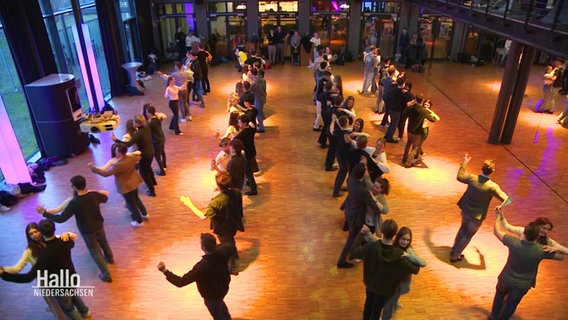 In einem größeren Trainingssaal tanzen mehrere Paare in mehreren Reihen einen Paartanz. © Screenshot 