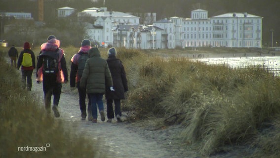 Mehrere Menschen laufen einen kleinen Wanderweg in einer Stranddüne entlang. © Screenshot 