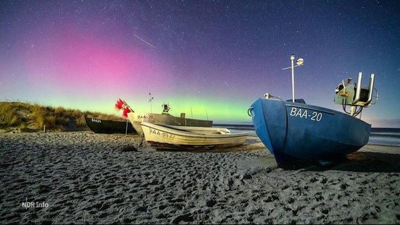 Boote an einem Strand, im Hintergrund Polarlichter © Screenshot 