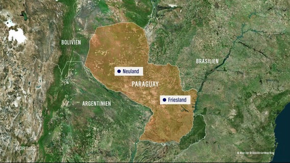 Die Weltkarte mit der Lage von Paraguay. Es sind zwei Orte in Paraguay mit deutschen Namen markiert: Neuland und Friesland. © Screenshot 