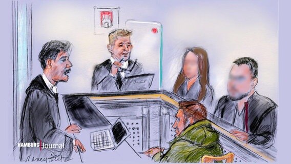 Eine Zeichnung eines Gerichtsaals mit fünf Personen © Screenshot 