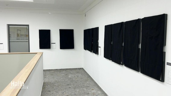 Mit schwarzem Stoff abgehängte Bilder in einer Ausstellung. © Screenshot 
