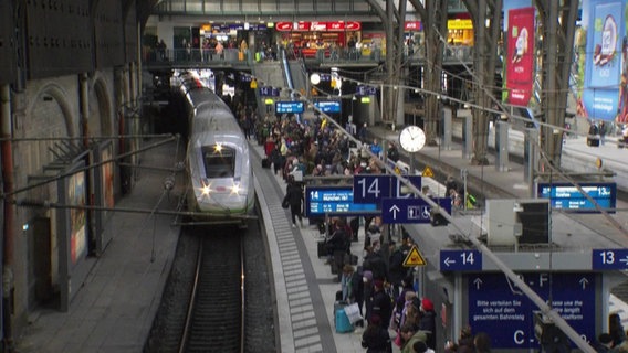 Blick auf ein Gleis des Hamburger Hauptbahnhofs. Ein ICE fährt ein, am Bahnsteig tummeln sich zahlreiche Menschen. © Screenshot 