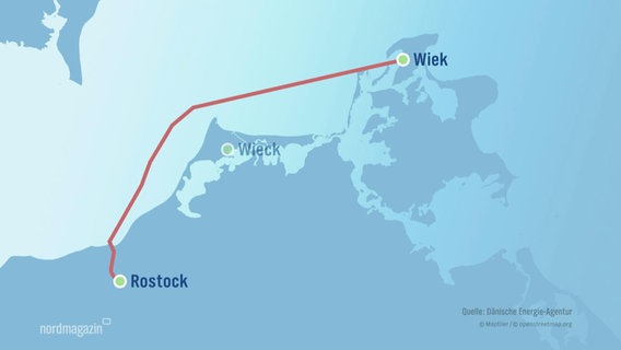 Landkarte: Eine rote Linie verbindet Rostock und Wieck auf Rügen. Wieck auf dem Darß verblasst dargestellt. © Screenshot 