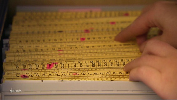 Hände gehen Papierakten durch, die alphabetisch angeordnet sind. © Screenshot 
