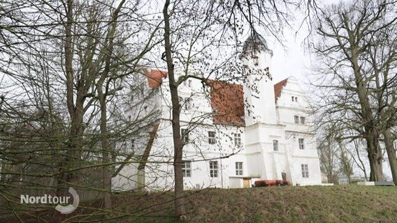 Das Wasserschloss Quilow hinter Bäumen © Screenshot 