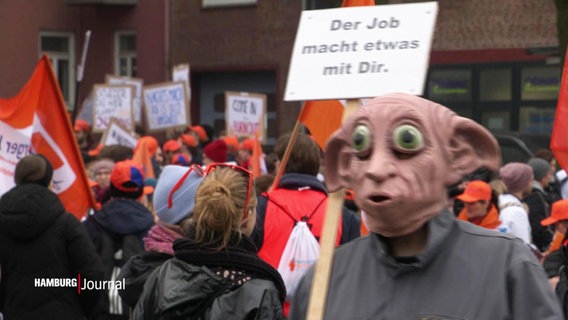 Eine Person mit einer Gummimaske beim Warnstreik der Klinikärzte in Hamburg. © Screenshot 