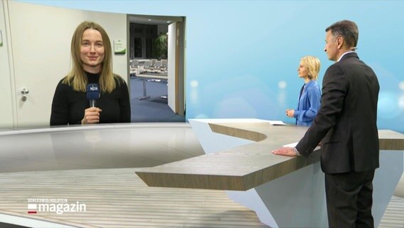 Reporterin Hannah Boehme zugeschaltet im Studiogespräch mit den beiden Moderatoren. © Screenshot 