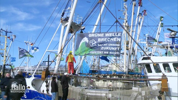 Ein Krabbenkutter mit Protestplakat im Büsumer Hafen. © Screenshot 