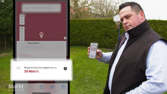 Ein Mann präsentiert die nicht zufriedenstellende Datenleistung seines Netzbetreibers auf seinem Handy. © Screenshot 