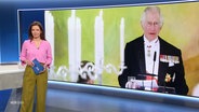 Romy Hiller moderiert die 17 Uhr Ausgabe NDR Info. Im Hintergrund ist ein Foto von König Charles bei seinem Staatsbesuch im Bundestag zu sehen. © Screenshot 