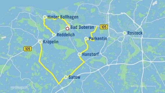 Eine Grafik zeigt, auf welchen Strecken eine Straßensperrung in Bad Doberan umfahren werden kann. © Screenshot 