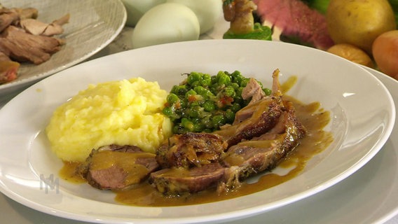 Ein Teller mit Fleisch, Gemüse und Kartoffelbrei © Screenshot 
