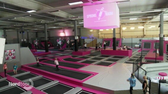 Blick in eine größere Halle mit einer weiten Trampolin-Landschaft in grau-pinker Farbgebung. © Screenshot 