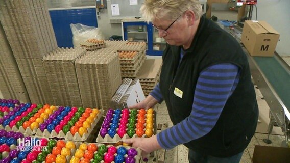 Eine Mitarbeiterin verpackt bunte Ostereier im Eier-Großhandel Thale. © Screenshot 