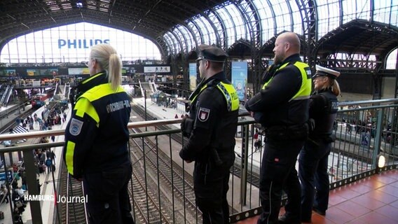 Vier Mitarbeitende der Sicherheit (darunter auch Einsatzkräfte der Polizei) stehen an einem Geländer in der großen Abfahrtshalle des Hamburger Hauptbahnhofs. © Screenshot 