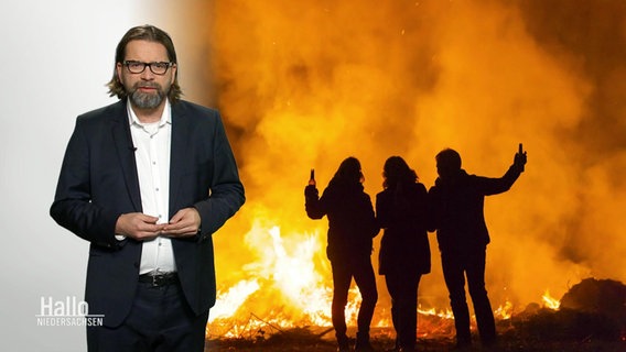 Journalist Marco Heuer steht im Studio vor einem Hintergrundbild mit mehreren Personen bei einem Osterfeuer. © Screenshot 