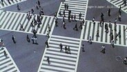 Blick aus der Vogelperspektive auf eine "Diagonalkreuzung": Neben den parallel zu den Straßenzügen verlaufenden Fußgängerquerungen sind weitere, diagnoal durch die Kreuzung laufende Wege markiert. © Screenshot 