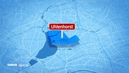 Auf einer blauen Karten von Hamburg ist der Stadtteil Uhlenhorst hervorgehoben und mit einem roten Schild beschriftet. © Screenshot 