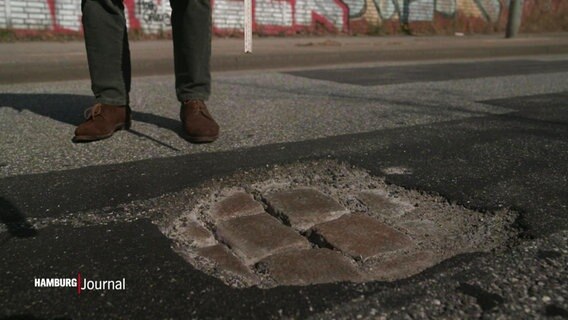 Zwei Beine stehen vor einem größeren Schlagloch auf einer asphaltierten Straße. © Screenshot 