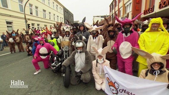 Viele als bunte Hasen verkleidete Motorradfahrende posieren auf einer kleineren Straße für ein Foto. © Screenshot 