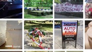 Acht verschiedene digitale Kacheln mit Fotos aus der Corona-Zeit, u. a. ein abgesperrtes Spielgerät auf einem Spielplatz. © Screenshot 