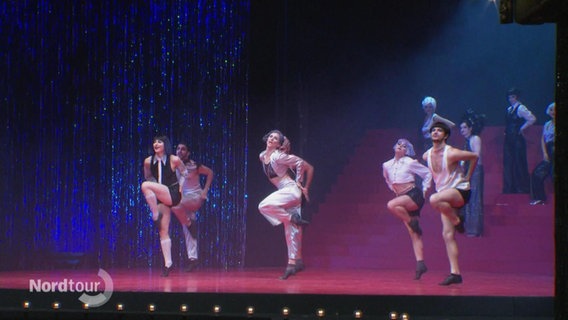 Mehrere Musicaldarstellende tanzen auf einer unt glitzernden Bühne im Scheinwerferlicht in Synchronität. © Screenshot 