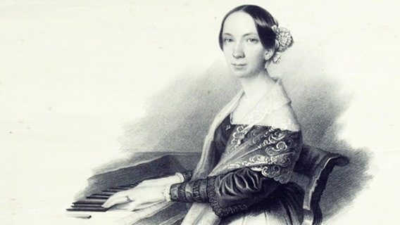 Historische Zeichnung der Komponistin Emilie Mayer am Klavier © Screenshot 