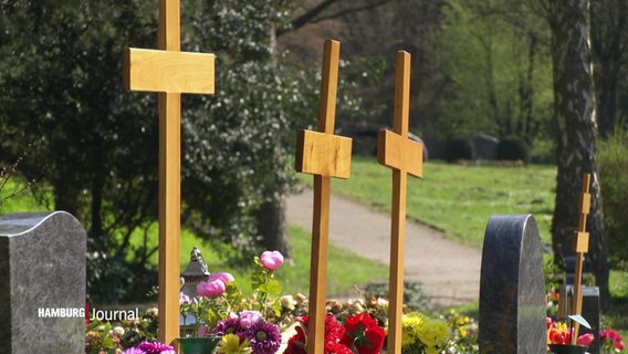 Holzkreuze und Grabsteine umgeben von Blumen © Screenshot 