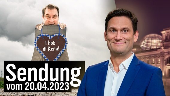 Der bayrische Ministerpräsident Markus Söder schaut grinsend aus einem Kühlturm. Daran hängt ein Lebkuchenherz mit dem Text: "I hod di Kern". Daneben Christian Ehring. (extra 3 vom 20.04.2023 im Ersten) © NDR 