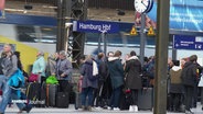 Auf einem Bahnsteig des Hamburger Hauptbahnhofs stehen mehrere Reisende mit Gepäck. © Screenshot 