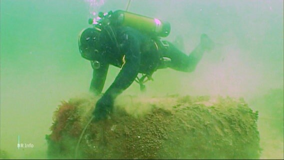 Eine Person im Taucheranzug nähert sich unterwasser einem bemoosten Überrest einer Weltkriegsmunition. © Screenshot 
