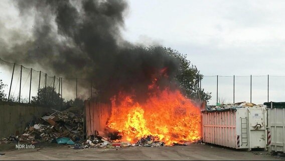 Auf einem Recyclinghof brennt ein Müllhaufen mit hohen Flammen und starker Rauchentwicklung. © Screenshot 