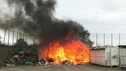 Auf einem Recyclinghof brennt ein Müllhaufen mit hohen Flammen und starker Rauchentwicklung. © Screenshot 