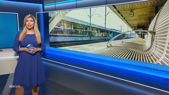 Nachrichtensprecherin Bibiana Barth, im Hintergrund ein Bild von einem leeren Bahnsteig. © Screenshot 