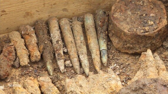 Alte, verrostete und erdige Munition liegt in einem Holzkasten. © Screenshot 