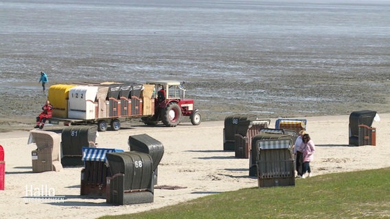 Am Strand in Dangast werden Strandkörbe mit einem Trekker verteilt. © Screenshot 