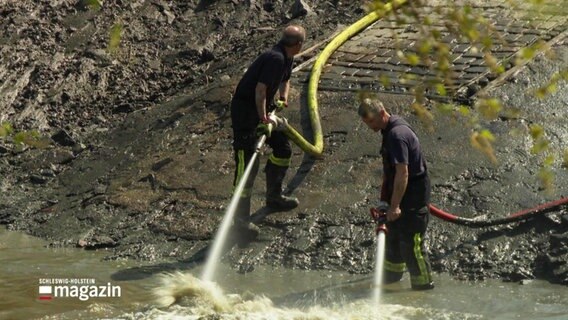 Mitarbeitende der Feuerwehr spülen mit Wasserschläuchen den Schlick weg. © Screenshot 