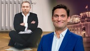 FDP-Parteichef Christian Lindner mit verschränkten Armen vor einer Heizung: er ist dagegen. Daneben Christian Ehring (extra 3 vom 27.04.2023 im Ersten) © NDR 