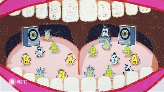 Comiczeichnung von einem offenen Mund, in dem Bakterien eine Party feiern. © Screenshot 