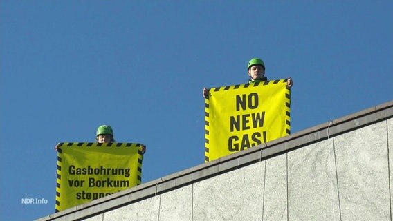 Auf dem Dach eines Gebäudes stehen Umweltaktivistinnen und -aktivisten und halten gelbe Transparente in die Luft. © Screenshot 