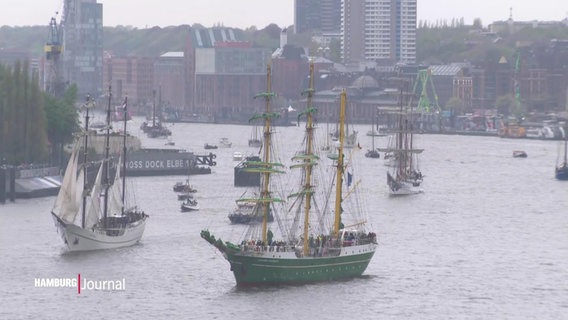 Vor den Hamburger Landungsbrücken fahren mehrere historische Dreimaster bei der Einlaufparade des Hafengeburtstags. © Screenshot 